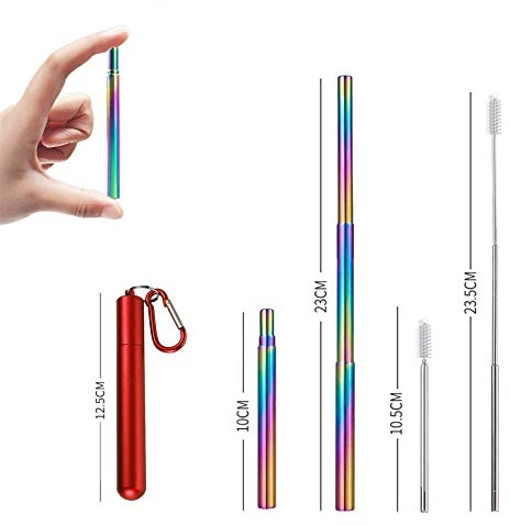 Pailles télescopiques réutilisables - Pailles à boire portables en acier inoxydable avec brosse de nettoyage, étui et mousqueton (rouge+Paille arc-en-ciel)