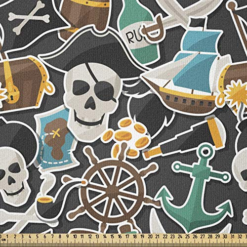 ABAKUHAUS Pirates Stoff als Meterware, Bunte Objekte Meer, ausdehnbar mit Elestan für Heimwerkarbeiten und Näharbeiten, 1Meter, Mehrfarbig Grau