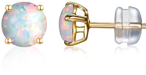 GW Goldene Ohrringe Damen Blauer Opal Schmuck Ohrstecker Gold 6MM Runde Opal Stecker Damenohrringe Earrings für Frauen Jubiläum Hochzeit, Geschenke für Frauen Geburtstag (Weiß-14K)