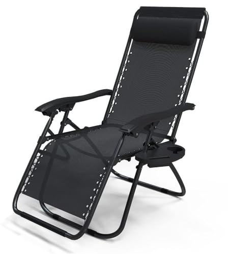 VOUNOT Zero Gravity Chair, Folding Sun Loungers, Recliner Garden Chairs, Outdoor Deck Chairs with Cup and Phone Holder, Black