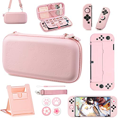 OLDZHU Rosa Tasche Kompatibel mit Nintendo Switch OLED,10 in 1 Rosa Reisezubehör Set mit Tragetasche,harter Schutzhülle Hülle Case,Glas-Displayschutzfolie,verstellbarer Ständer und Daumengriffkappen