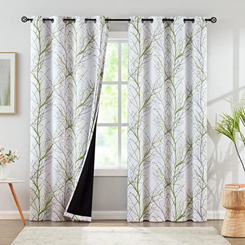 FMFUNCTEX Grün Grau Blickdichte Vorhänge für Wohnzimmer Verdunkelungsvorhänge Baum Zweig Muster Gardinen mit Ösen Ösenvorhang Thermovorhang für Schlafzimmer 2er Set, 245 x 129 cm (H x B)
