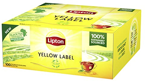 Lipton | Yellow Label | Schwarzer Tee | mit handgepflückten Schwarzteeblättern | pflanzenbasierte, einzeln verpackte Teebeutel | Rainforest-Alliance zertifiziert | 1er Pack | 100 Teebeutel