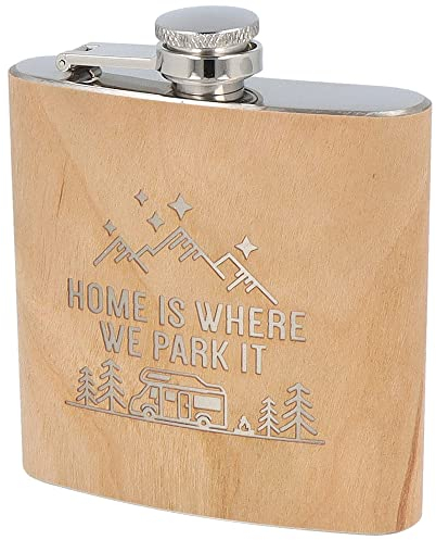 Spruchreif | Flachmann aus Edelstahl mit Gravur | Flachmann aus Holz | Outdoorgeschenk | Geschenk für Camper und Wanderer | Campinggeschenke | Geschenke Wohnmobil | „Home is where we park it“