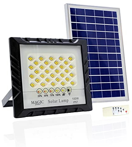 Foco Proyector 100W 128LED con Panel Solar Fotovoltaico, Mando a Distancia y Sensor de Encendido Automático. Foco Solar IP67 con Luz Blanca, Iluminación de Exteriores, Patio, Jardín, Camino, Garaje.