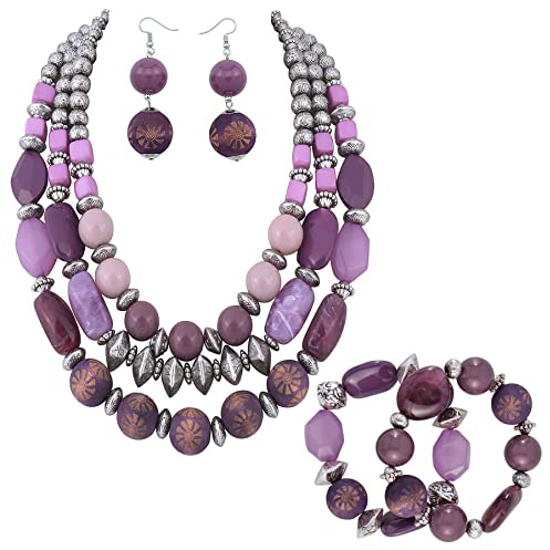 Bocar Set di collane con perline a 3 strati per donne, gioielli | Design a 3 strati con perline grosse con texture miste, catena di estensione da 7,6 cm e gioielli abbinati per un look