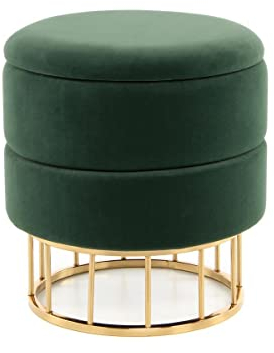 Qiyano Edina Hocker mit Stauraum Grün, Modern, Runder Polsterhocker mit Elegantem Metallgestell, Vielseitig Nutzbar, Komfortabel & Platzsparend