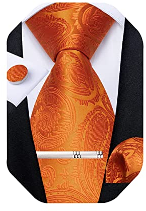 DiBanGu Herren-Krawatte und Einstecktuch, gewebt, Seide, Taschentuch und Manschettenknöpfe, Paisleymuster, Gebranntes Orange Paisleymuster, Einheitsgröße