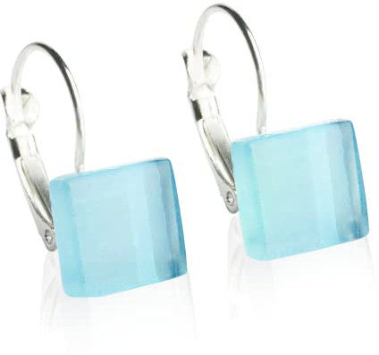 ALEXASCHA® Edelstahlohrringe hängend mit quadratischen Glassteinen • Kurze Ohrhänger mit Klappverschluss • 2cm lang • Steingröße 10 mm x 10 mm x 3 mm (Eisblau)