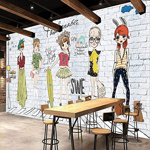 Fashion Girl Contre Le Mur De Briques Blanches Papier Peint 3D Décoration Salon Décoration Murale Murale Chambre À Coucher 3D Papier Peint Coller Salon Le Mur Pour C 140 (largeur) x 70 (hauteur) cm