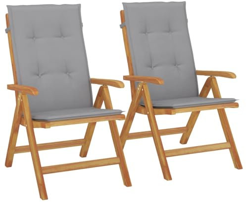vidaXL Gartenstühle 2 STK., Gartenstuhl mit Kissen, Stuhl Sessel Hochlehner Verstellbar Klappbar, Klappstuhl Terrassenstuhl, Massivholz Teak