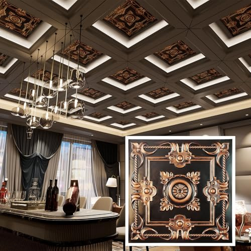 Glue up Painted Ceiling Tiles, Easy to Install PVC Panels, (10-Pack,40 sq.ft) Wall Decor for Bar Cafe Club PL29 10Piece (Traditonal Copper)