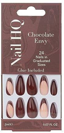 Nail HQ Press On Nails – Almond Chocolate Envy Nails, 24 Durable Glossy Finish False Nails for Salon-Quality Manicure at Home