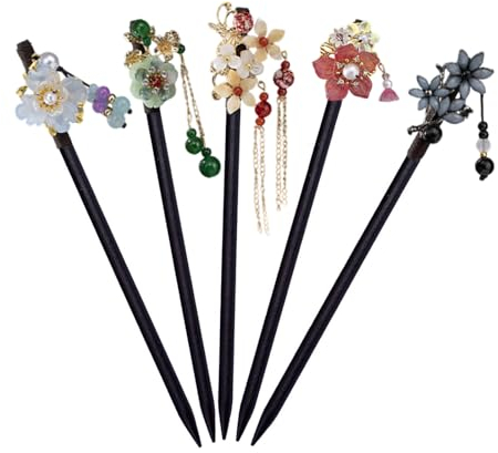 5 Pièces Baguettes de Cheveux en Bois Vintage, Pique à Cheveux Pinces à Cheveux avec Décoré de Fleurs et de Glands Chignon Chinois Baguettes pour Femmes Filles