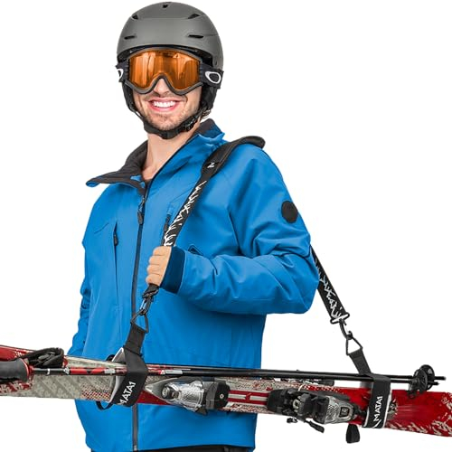 Mata1 Skigurt und Stockträger (schwarz), verstellbare Schultergurte zum Tragen von Skiern und Stöcken, bequem mit gepolsterter Schulterschlaufe, perfekt für Männer, Frauen und Kinder