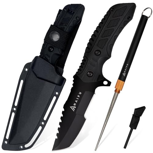 Naifu® The Survivor – Couteau de survie 4-en-1 à lame fixe Tanto (10 cm) en acier inoxydable | Allume-feu, aiguiseur, sifflet intégré | Couteau de chasse, bivouac, camping