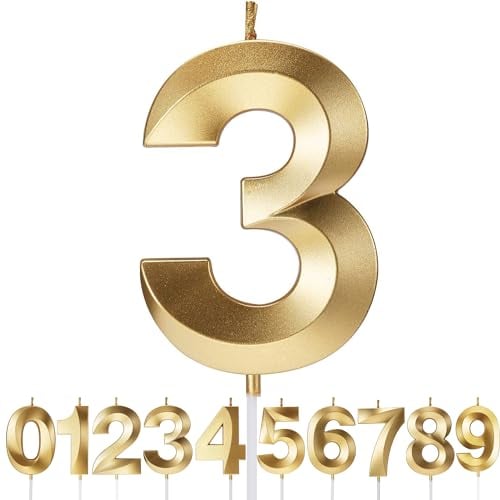Birthday Candles Number Candles Age Year for Cakes Happy Birthday 3D Designed Wedding Anniversary Party Cake Topper Decorations (Gold, 3)