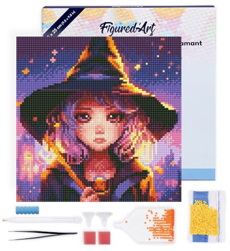 Figured'Art Mini Diamond Painting Erwachsene 25x25cm Mit Rahmen Ganze Leinwand gespannt Bezaubernde Kleine Hexe 5D Bilder Runde Steine - DIY Set Basteln