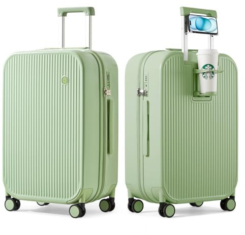 mixi Gepäck mit Getränkehalter, Hartschale, Rollkoffer mit Spinner-Rädern, Avocadogrün, 24-inch, modisch