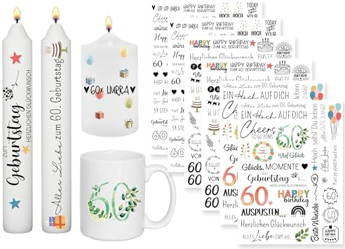 Sugeru 6 PCS Kerzentattoo (200+ Muster) - 60. Geburtstag,Wassertransferdruck | wasserschiebefolie kerzen | Kerzenfolie | kerzenaufkleber sticker | deko geschenk 60 geburtstag,Happy Birthday(60)