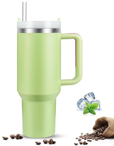 Bicchiere da 890 ml, con manico e coperchio con cannuccia, isolante, riutilizzabile, in acciaio inox, da viaggio, per bevande calde e fredde, tazza da viaggio con manico, verde avocado