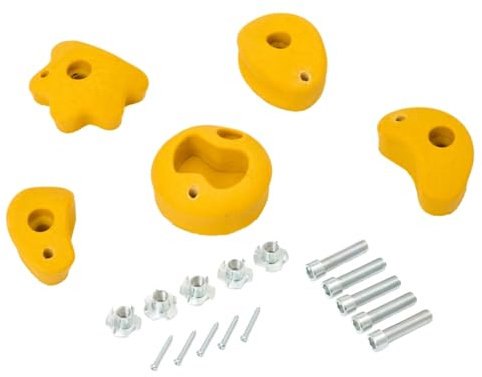 TRIBECCO Klettersteine für Kletterwand 5 Stück Klettergriffe inkl. Befestigungsset Verschiedene Formen Größe 8 x 11,5 cm aus Polyresin zum Outdoor- und Indoor-Klettern (Gelb)