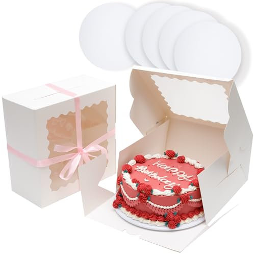 Gcardist 10x10x5 Inch Cake Box, 5 Sets White Cake Box with Window & 5 Sets 10 Inch White Cake Round Boards, Cake Containers(25.4x25.4x13cm)