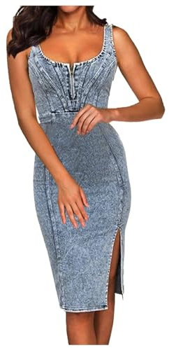 Damen Jeanskleid mit Hosenträgern Kleid Damen Langarm Festlich (Blue, S)