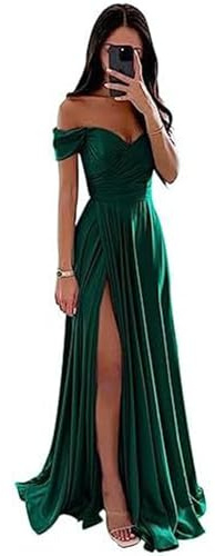 ECDAHICC Vestido de dama de honor sin hombros para mujer, de satén, con abertura larga, elegante, formal, línea A, vestido de boda y fiesta, verde oscuro, XS