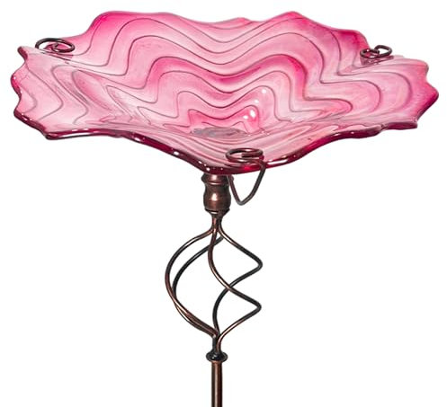 HONGLAND 81,3 cm hohe Vogeltränke für den Außenbereich, Glas-Vogeltränke, Vogelfutterstation für den Außenbereich, Blumenmuster mit Metallpfahl, Rot