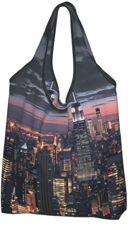 JKSEEPYN New York bedruckte faltbare Einkaufstasche, wiederverwendbar, waschbar, Schultertasche, Einkaufstasche, Alltagstasche, 1 Stück, Schwarz , Einheitsgröße