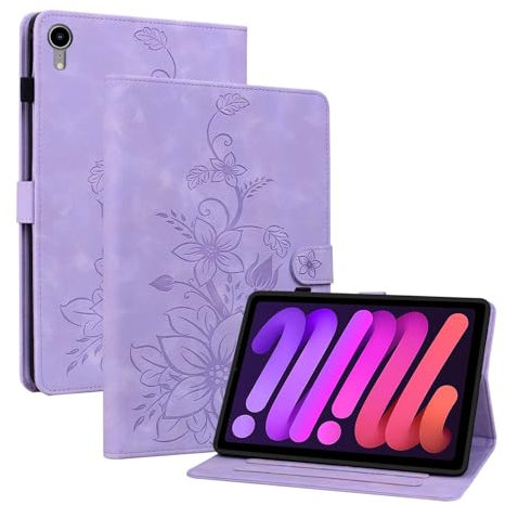 Rosbtib Custodia Cover per iPad mini 7 2024 (A17 Pro) 7 generazione/iPad mini 6 2021 8.3 pollici, Slim Fit Folio Pieghevole Cover Protettiva con Slot per schede Chiusura Magnetica, Gigli porpora