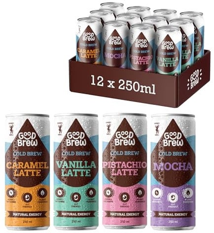 GoodBrew Cold Brew Iced Coffee Cans 4 Flavours - Oat Milk, Low Sugar, Plant Based, Dairy Free - With Gut-Friendly Fibre & Vitamins A, D & E - 12 x 250ml Cold Coffee Drinks Multipack
