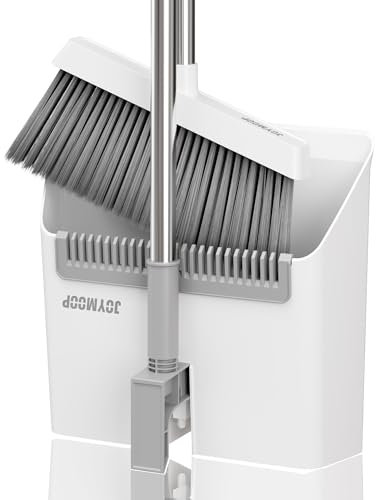 JOYMOOP Set Scopa e Paletta, Paletta e Spazzola con Manico Lungo, Scopa Senza Bisogno di piegarsi per Uso Interno ed Esterno, Bianco e Grigio