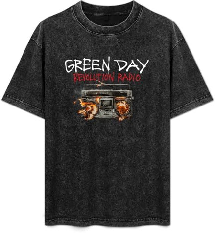 Men's Summer Acid Washed T-Shirt Green Day Revolution Radio Cover Classic Style 3XL