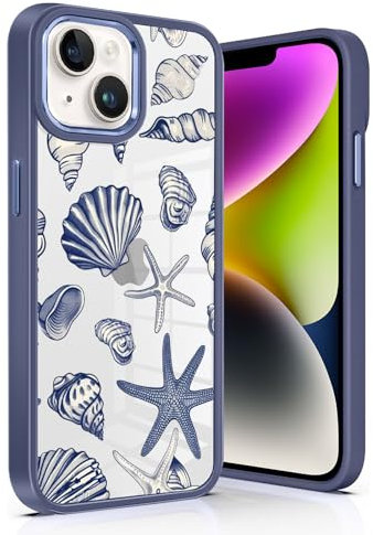 Phoona Case for iPhone 14 / iPhone 13 6,1, Cute Beach Seashell Girly Aesthetic Pattern Design, Transparent Slim Shockproof TPU Frame PC Back Protection Bumper Cover for Girls Women, Navy Blue
