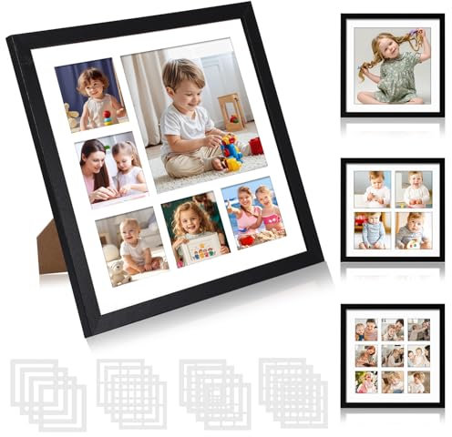 GEOKILO 4 Stück Bilderrahmen 25x25 Schwarz - Quadratisch Fotorahmen mit Passepartout für 20x20 Fotos und Bilder - Rahmen Collage für Wohnzimmer, Schlafzimmer und Büro - Wand- oder Tischaufsteller