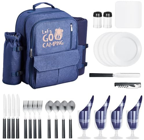 VEVOR Picknickrucksack Picknicktasche (20 L) für 4 Personen mit isoliertem & Kühlfach & abnehmbarem Flaschen-/Weinhalter, Leichter Decke, Teller- und Besteckset zum Wandern Camping, Marineblau