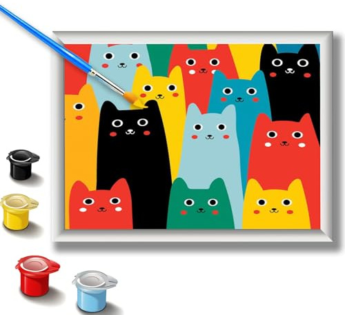 Malen Nach Zahlen Kinder Mit Rahmen Bastelset Basteln für Mädchen ab 5 6 7 8 9 10 11 Jahre DIY Set Bastelsets Kreatives Paint by Numbers Bastel Sachen Bastelsachen Geschenke Geschenk Ein Rudel Katzen