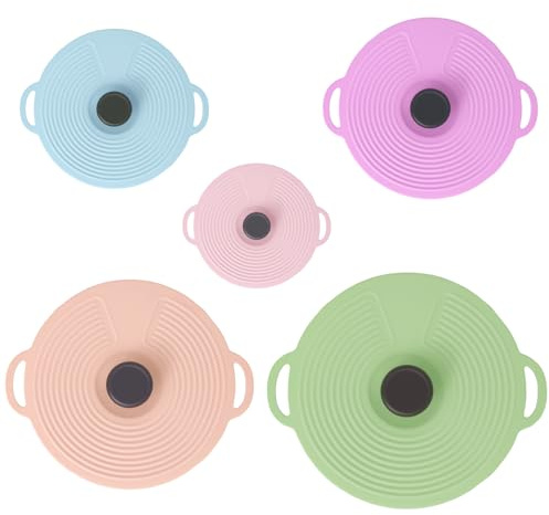Silicone Lids, 5 Different Sizes Stretch Lids, Food-Grade Silicone Drink Glass Cup Li ds, Reusuable Microwave Cover, Anti-Dust & Suction Seal Heat Resistant Lid for Cups, Bowls, Plates, Pots