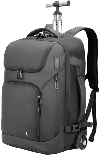 Business Trolley Reiserucksack mit Rollen, 17,3 Zoll Laptop Rucksack mit Rädern, wasserfester Handgepäckrucksack mit USB C Ports, Trolleyrucksack für Männer, Frauen und Erwachsene zum Reisen