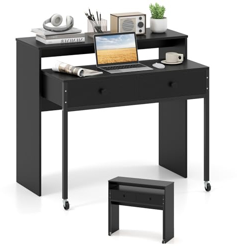 COSTWAY Escritorio Extensible con 2 Cajones, Escritorio con 2 Ruedas, Tocador Pequeño, Mesa Consola Dormitorio Oficina Salon, 100 x 63 x 88cm (Negro)