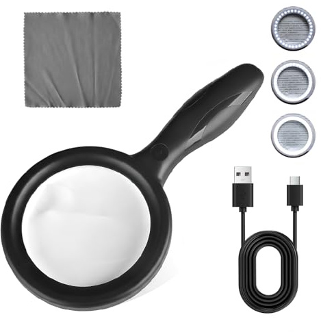 Groß Lupe mit Licht, Leselupe mit Licht für Senioren, 2 Fach 13 Fach Beleuchtete Lupe mit 33 LEDs, USB Wiederaufladbar, HandLupe für Senioren, Kinder, Juwelier, Hobbies (Schwarz)