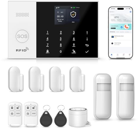 XNH 12-Piece Kit Wireless Home Security System –DIY 4G/WiFi with Touchscreen, App Control, Alexa & Google Assistant, No Monthly Fee, GSM SIM Card Ready, Motion Detector, Door Window Sensor for Home