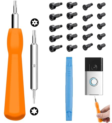 Hao Zhu Ring Doorbell Screws & Screwdriver Set, T6/T15 Torx Blue, 20 Pcs | Ring doorbell screwdriver & screws kit, T6/T15 torx, 20pcs, for Ring 2/3/4/Pro/Elite. Ideal for battery swap, lost screw fix.