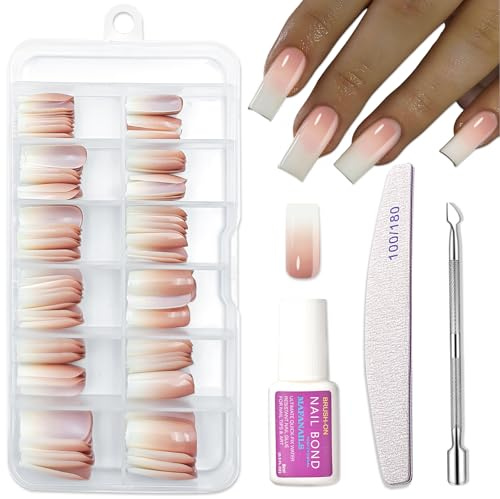 Long Press on Nails Kit - 120PCS Ombre False Nails with Glue - Coffin Fake nails French Tip - Pink White Stick on Nails - 12 Sizes Full Cover Acrylic Nail Tips - Glue on nails for Women DIY Manicure