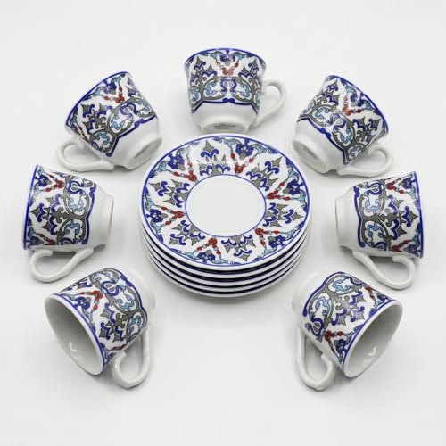 IMEX Set da caffè turco e moka da 12 pezzi, per 6 persone, eleganti tazze da caffè con piattini, 65 ml, design tradizionale orientale, set regalo in porcellana di alta qualità