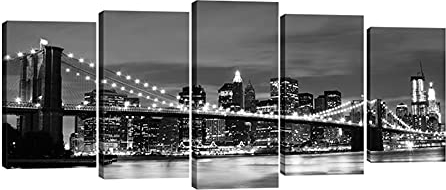 Wieco Art Kunstdruck auf Leinwand 5-teilig – Brooklyn Bridge bei Nacht 5 Elemente Moderner Kunstdruck auf Leinwand abstrakt Wandkunst für Heim-Dekoration