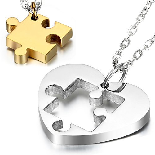 Cupimatch Valentinstagsgeschenk 2PCS Herren Damen Edelstahl Paar Halskette mit Puzzle Herz gold silber Anhänger, Weihnachten Valentine Geschenk mit 54 cm, 45cm Kette