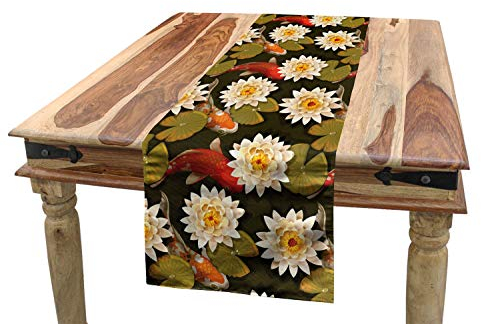 ABAKUHAUS asiatisch Tischläufer, Japan inspirierte Lotus Koi, Esszimmer Küche Rechteckiger Dekorativer Tischläufer, 40 x 180 cm, Siena Orange Grün